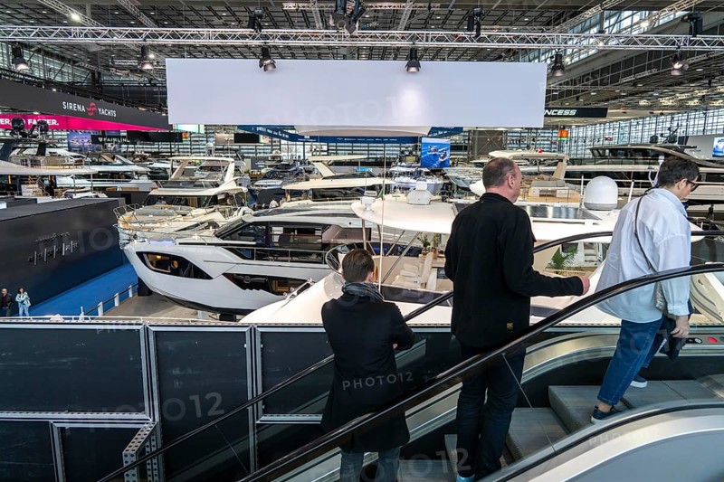Large yachts, luxury yachts, in Hall 6 of BOOT 2024, the world's largest yacht and water sports trade fair in Düsseldorf, North Rhine-Westphalia, Germany, Europe