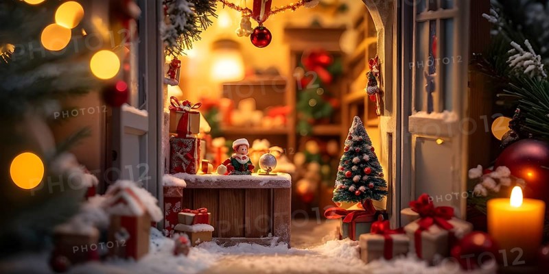 Traditional advent calendar door opening, showing a tiny festive scene inside with miniature decorations, AI generated
