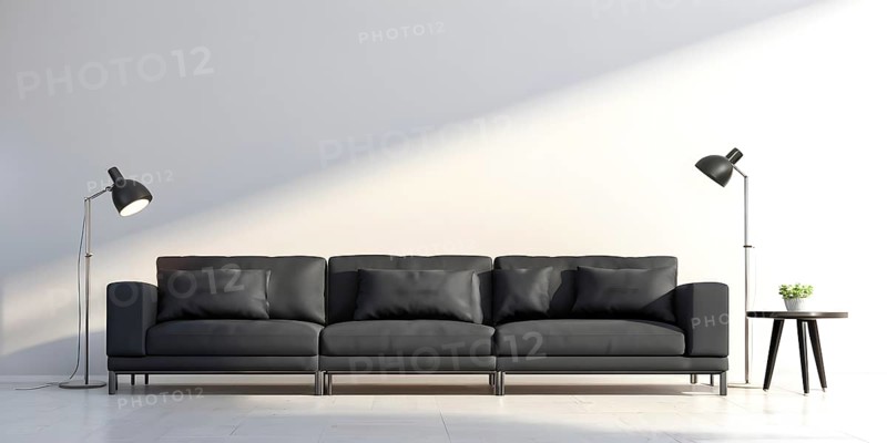 3d rendering of a couch with cushions and a floor lamp, AI generated