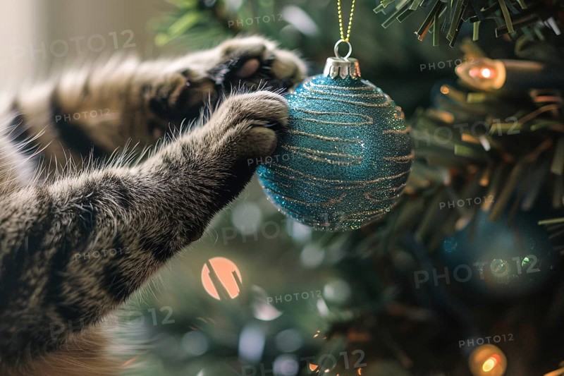 Close up of paws of cat playfully reaching for blue Christmas tree bauble. Generative AI, AI generated