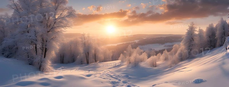 Footprints in fresh snow on a hill with a row of trees in winter in golden sunrise light, AI generated