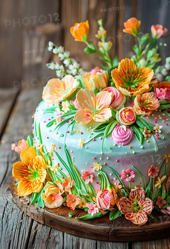 Decorated Easter cake with intricate icing flowers and colorful sprinkles, placed on a rustic wooden table, AI generated