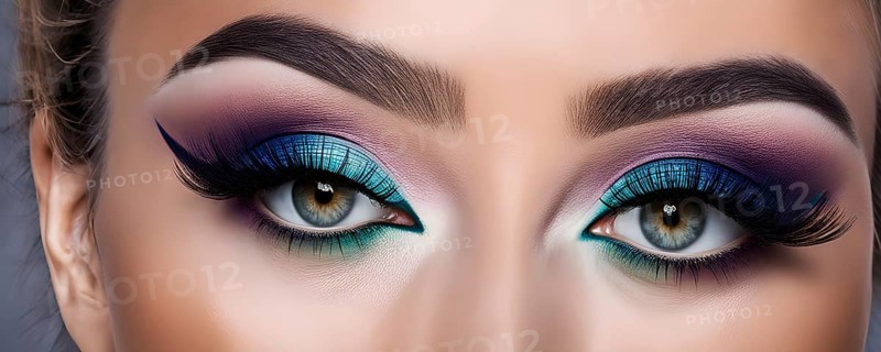 Close up of eye featuring vibrant colored eyelids with intense eye shadow, AI generated