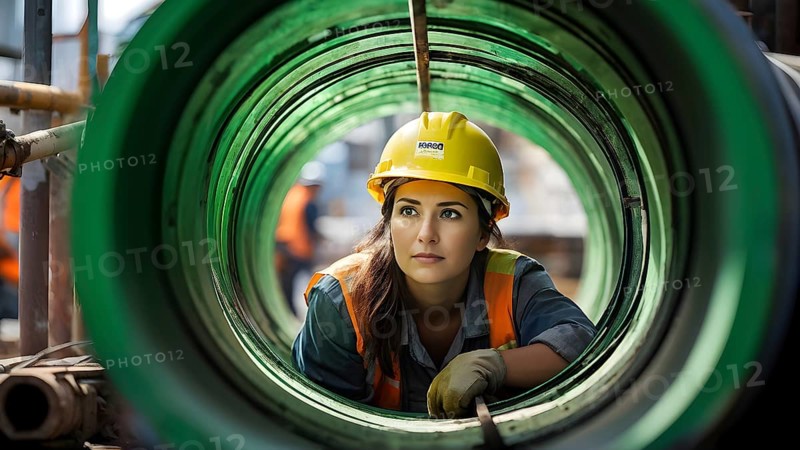 Portrait of a female construction worker wearing a yellow helmet, AI generated