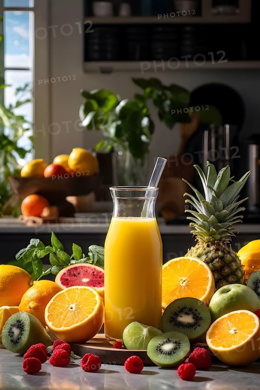 Smoothie surrounded by an assortment of fruits and vegetables, AI generated