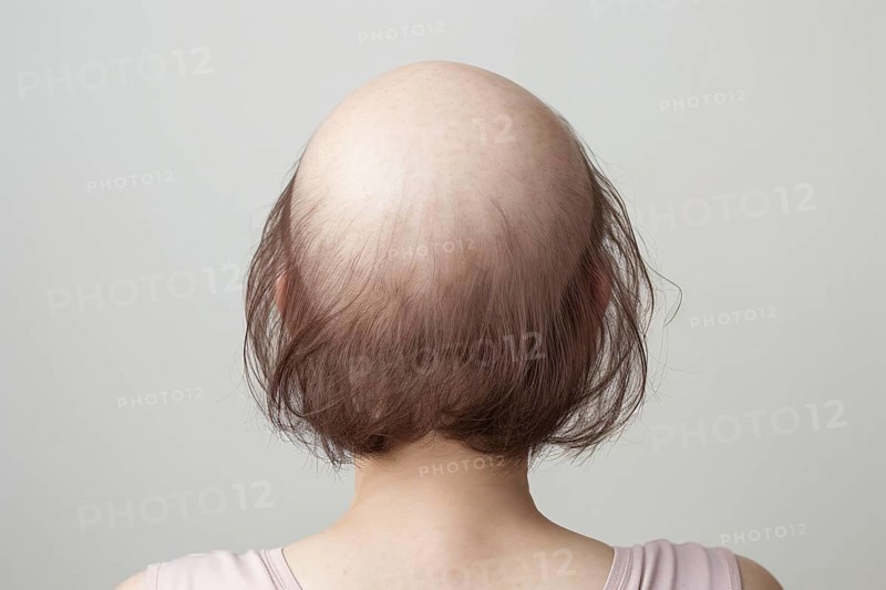 Back view of woman with medical condition called Alopecia cuasing balding and hair loss. KI generiert, generiert AI generated