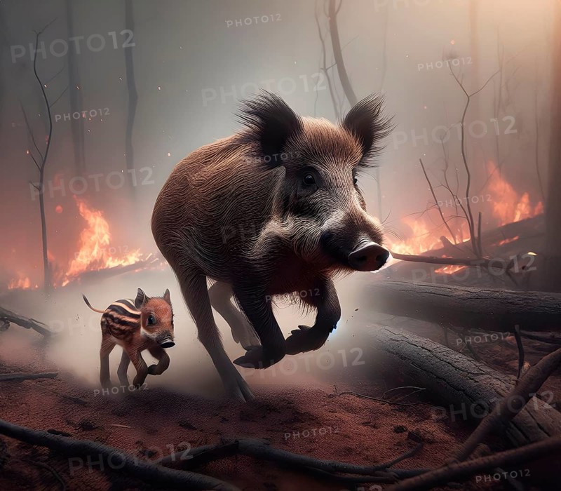 Climate change, global warming, environmental catastrophe, a female wild boar with young boar flees in great leaps from a forest fire, AI generated, AI generated