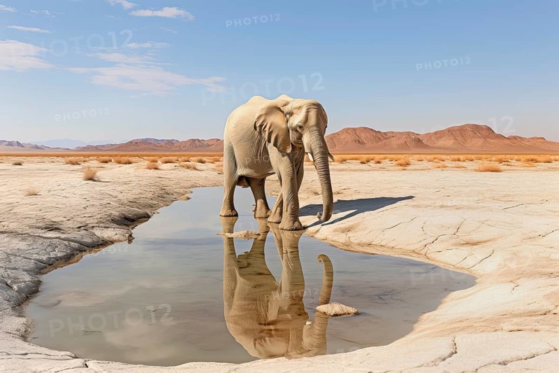Desert elephant reflecting in a water pond, Africa, AI generated