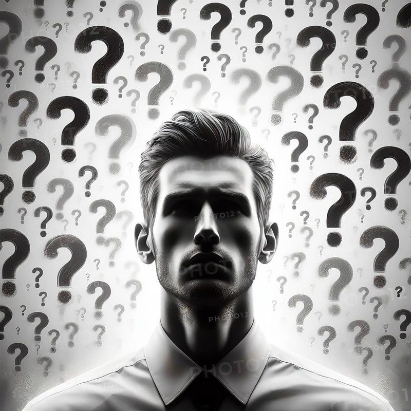 A man whose head is buzzing with question marks, symbolic image knowledge, question, question mark, insight, education, ignorant, learning, AI generated, AI generated
