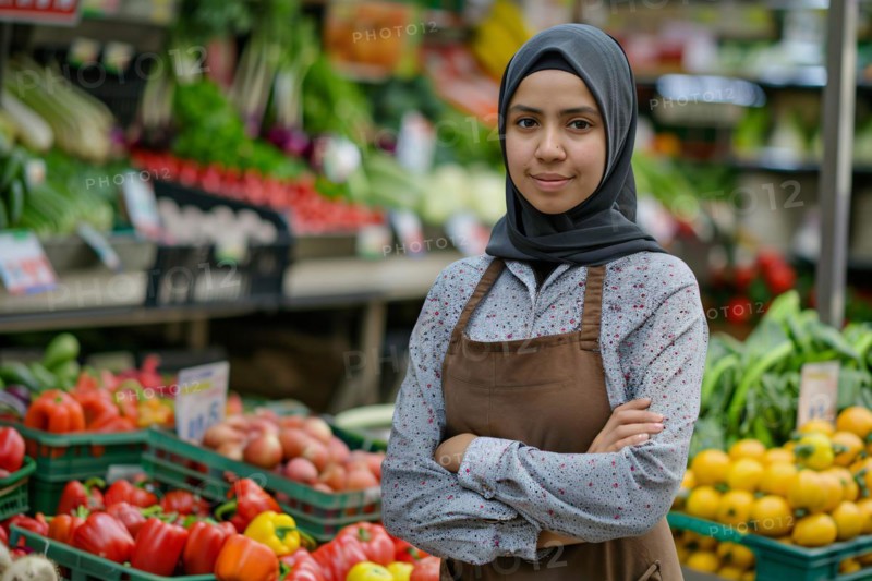 Female shop keeper with hijab headscarf in small store selling vegetables and fruits. KI generiert, generiert, AI generated