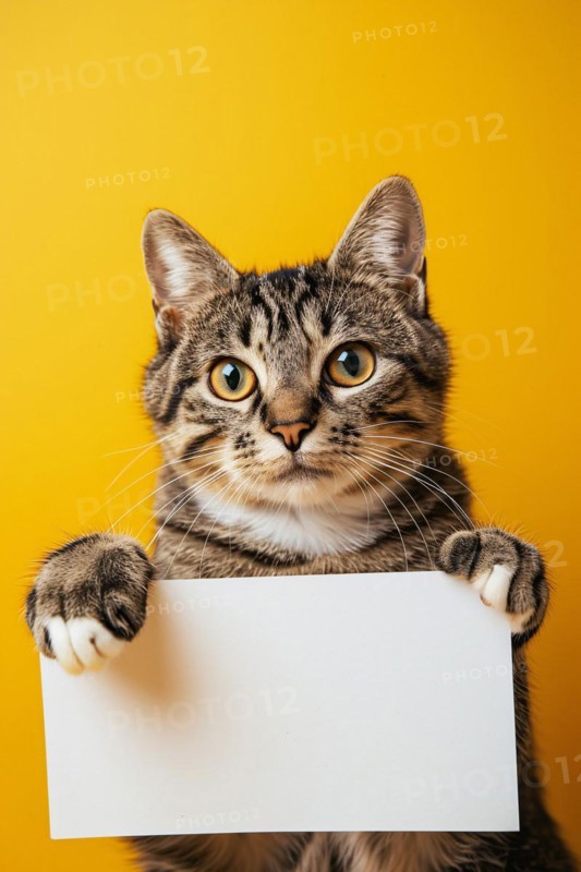 Tabby cat holding empty white sign in front of studio background. KI generiert, generiert, AI generated