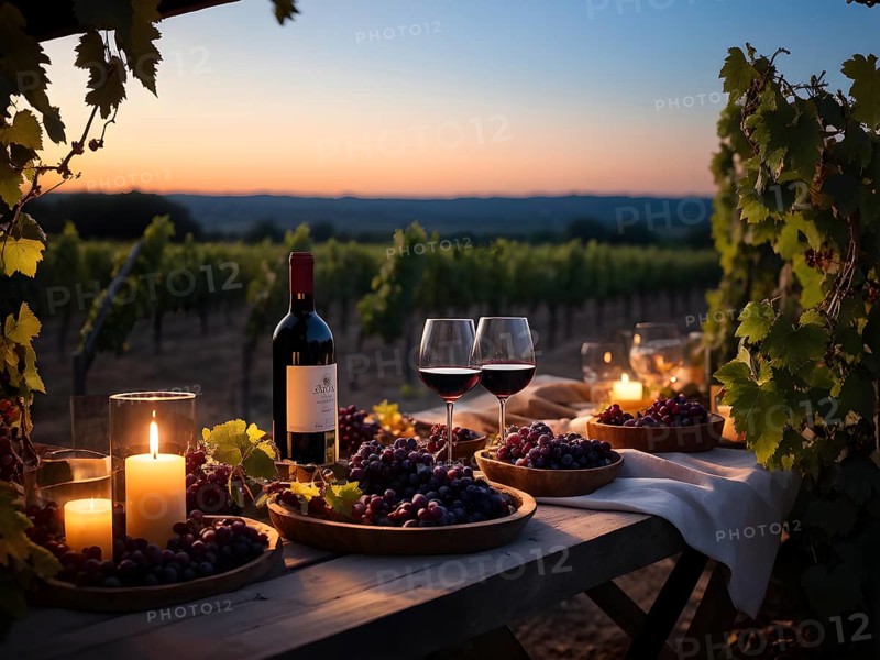 AI generated wine tasting table setup with wine and vine grapes nestled subtly amidst a thriving vineyard bathed in golden hour light
