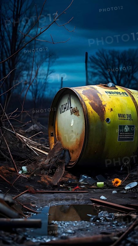 Representation of illegal nuclear waste barrel leaking radioactive material, AI generated