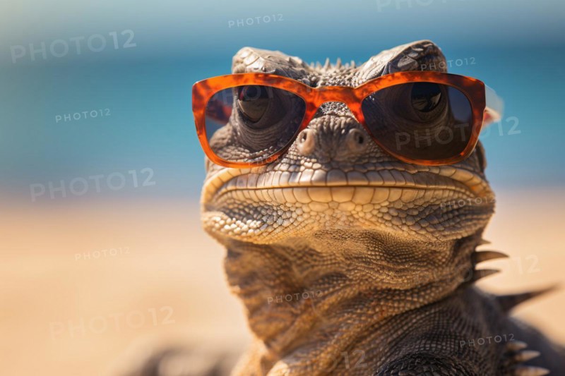 Funny lizard with sunglasses on beach. KI generiert, generiert, AI generated