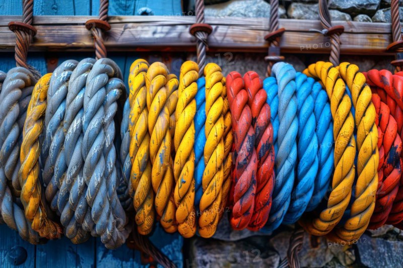 Coiled ropes in different colours, AI generated, AI generated, AI generated