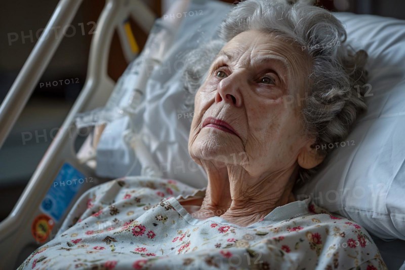 Very old woman lying in bed in hospital or retirement home. KI generiert, generiert, AI generated