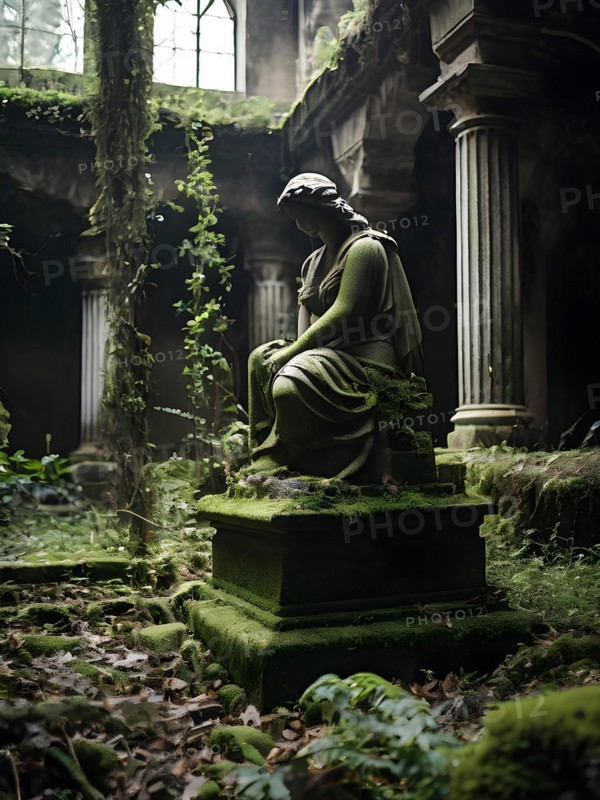 Statue in a deserted plaza moss and vines claiming it as their own, AI generated