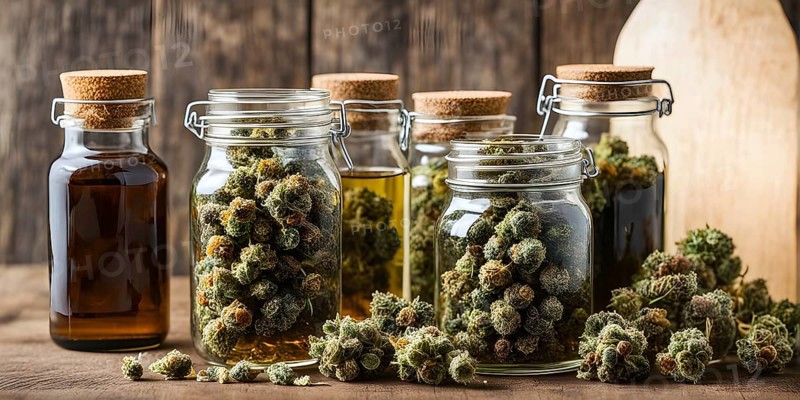 Glass jar filled with dried cannabis buds and oil on a weathered wooden counter, AI generated