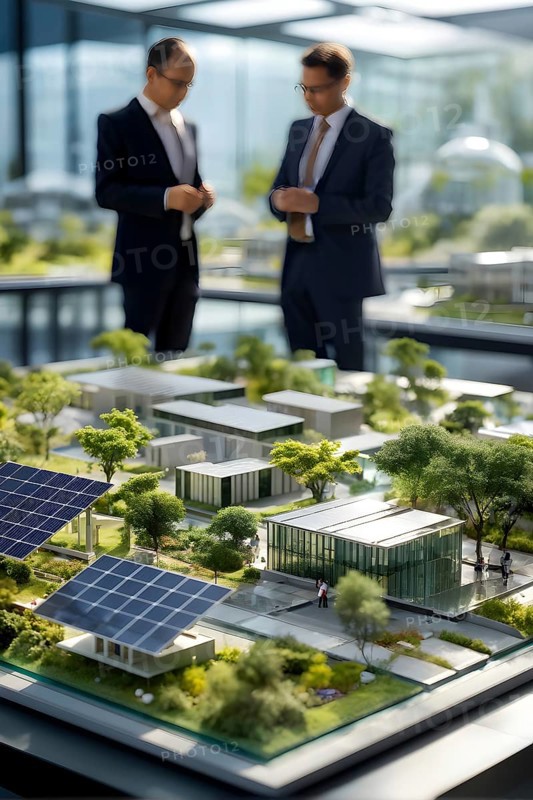 Business professionals engaged with a scale model of a solar park adjacent to miniature houses, AI generated