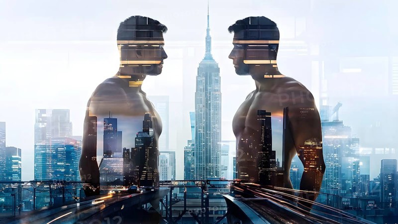 Digital representation of a multiple exposure photograph featuring a cyber human and an urban architecture, AI generated