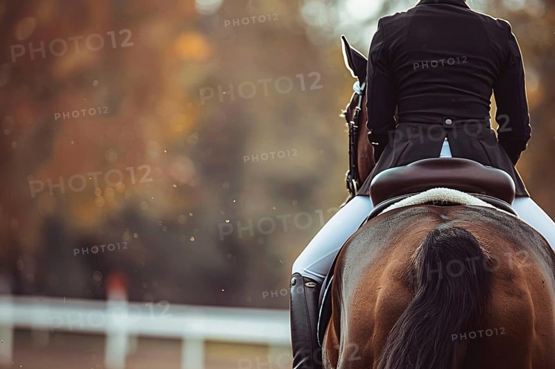 Person riding horse in dressage sports competition. Generative AI, AI generated