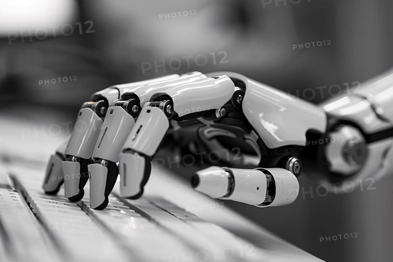 Close up of white artificial intelligence android robot hand writing text on compurter keyboard. Generative Ai, AI generated