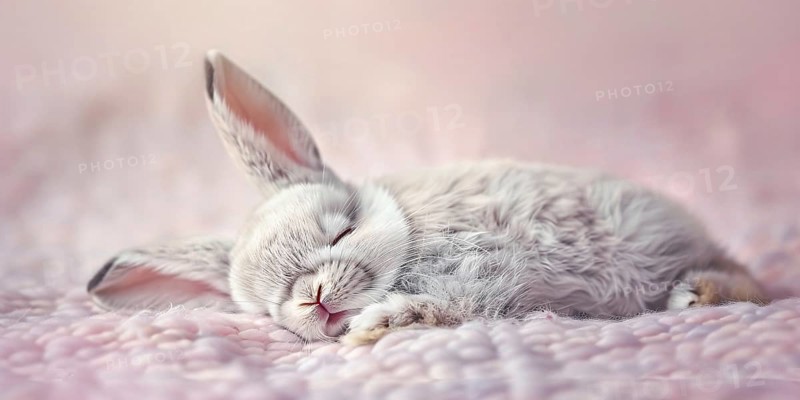 Cute baby bunny sleeping on blanket on pink background. Generative Ai, AI generated