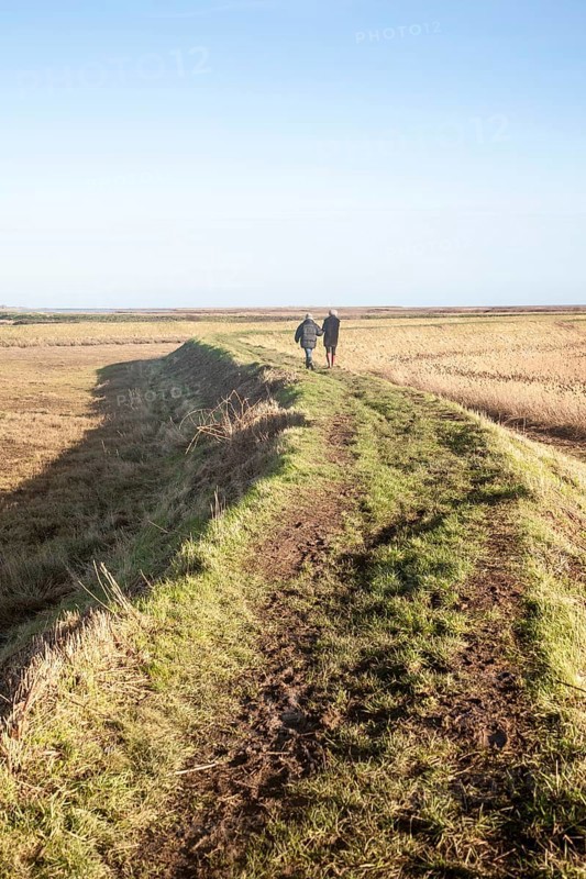Two people walking on coastal defence wall at Shingle Street, Suffolk, England, United Kingdom, Europe