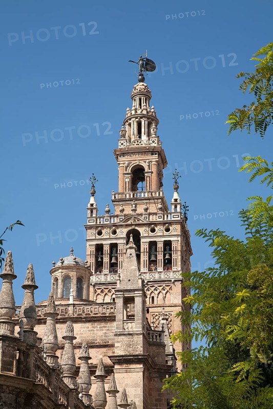 La Giralda tower of the cathedral originally built as a Moorish minaret in the twelfth century, Seville, Spain, Europe