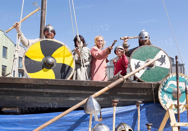 Viking warrior re-enactors with weapons, Sprit of Beowulf event, Woodbridge, Suffolk, England, UK, 5th May 2018