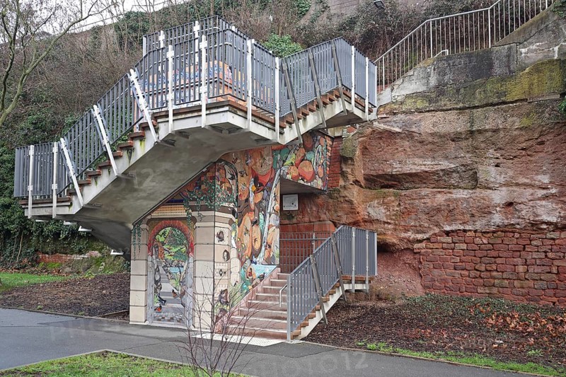 Wall mosaic with flora and fauna by Isidora Paz López 2019, arts and crafts, staircase on stone wall, Lopez, rock staircase, bird staircase, Pirmasens, Palatinate Forest, Rhineland-Palatinate, Germany, Europe