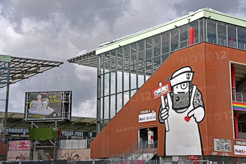 Europe, Germany, Hanseatic City of Hamburg, St. Pauli, Millerntor Stadium on Heiligengeistfeld, FC St. Pauli, Founded in 1910, Football, Exterior view, Mural at entrance 4, Europe