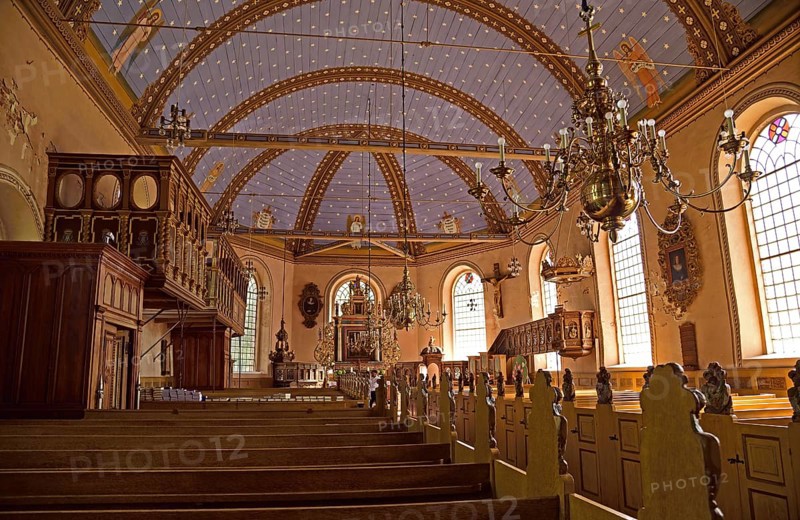 Europe, Germany, Lower Saxony, Altes Land near Hamburg, Hamburg Metropolitan Region, Jork-Estebrügge, Protestant St Martin's Church, built 1702, interior view, painted barrel vault, view to the altar, Europe