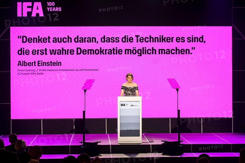 Sara Warneke, Managing Director of gfu Consumer & Home Electronics GmbH speaks at the opening gala for 100 years of IFA in the CityCube, Berlin, 05/09/2024