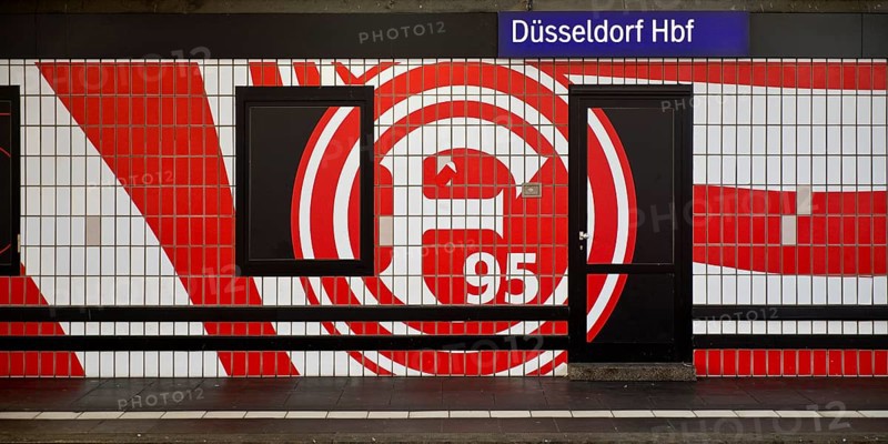 Large logo in club colours of Fortuna Düsseldorf on a wall with tiles, Düsseldorf Central Station, North Rhine-Westphalia, Germany, Europe