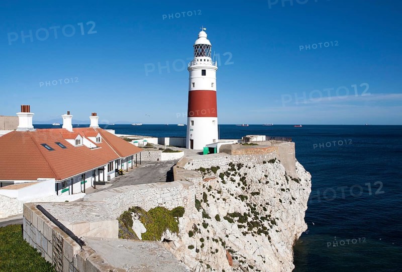 Red and white striped lighthouse at Europa Point, Gibraltar, British terroritory in southern Spain, Europe
