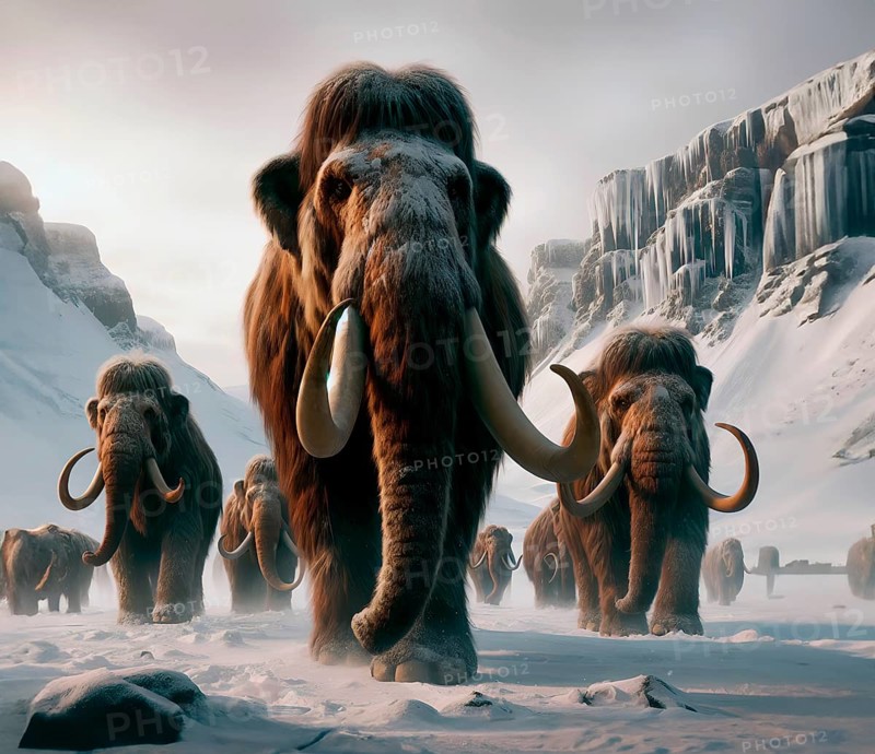 Prehistory, prehistory, a herd of mammoths (Mammuthus) in the prehistoric cold steppe tundra, extinct genus of elephants, AI generated, AI generated