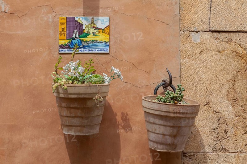 Typical tile and flower decoration, Valldemossa, Majorca, Balearic Islands, Spain, Europe