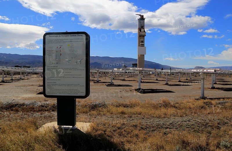 Heliostats and central receiver CESA-1 Tower at solar energy scientific research centre, Tabernas, Almeria, Spain, Europe