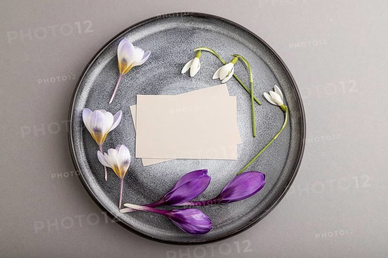 Gray paper invitation card, mockup with crocus and galanthus flowers on ceramic plate and gray background. Blank, top view, flat lay, still life, copy space, wedding invitation