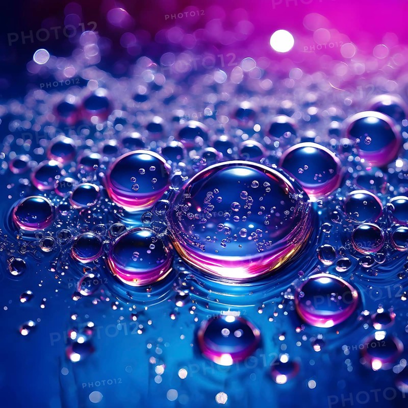 A cluster of iridescent vibrant blue oil bubbles floating on a water surface, AI generated