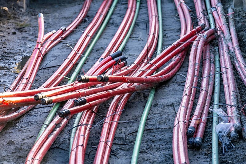 Power lines, underground cable strands that transport energy from wind turbines to central transformer stations, Eemshaven, Netherlands