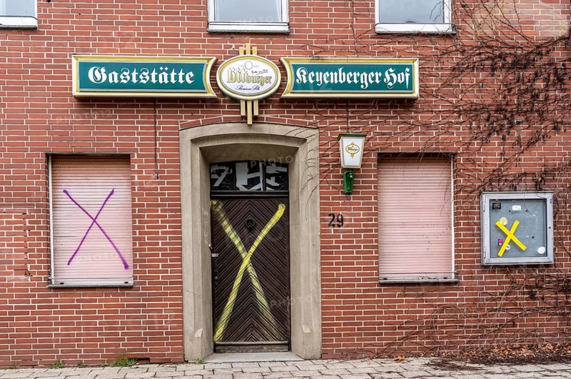 The village of Keyenberg, originally intended to make way for the Garzweiler II open-cast lignite mine, remains standing after the coal compromise, but is largely abandoned and empty, former Keyenberger Hof restaurant, North Rhine-Westphalia, Germany, Europe