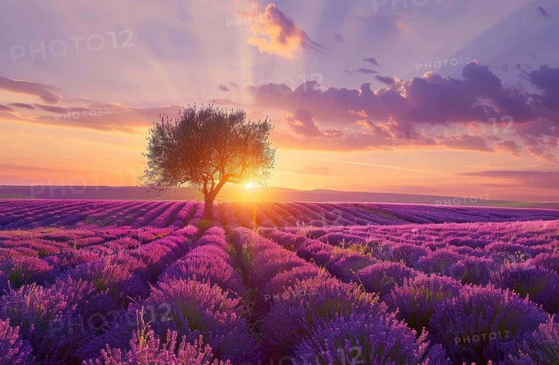 Scenic sunset field of lavender in France. Sunset sky is filled with clouds, AI generated
