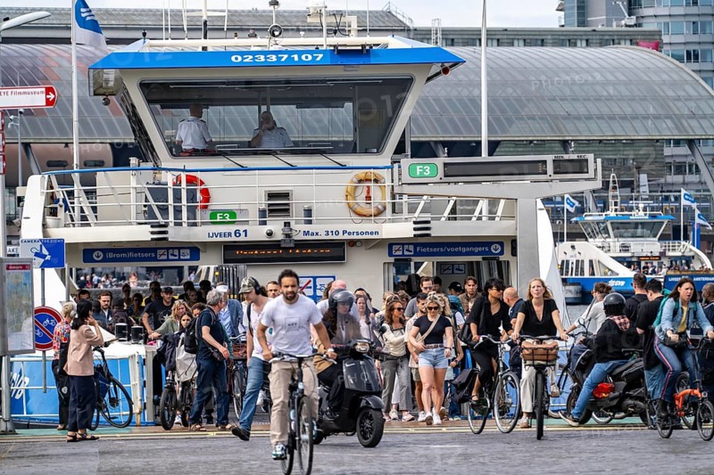 GVB ferries for pedestrians and cyclists across the river Ij, to Amsterdam Centraal station, free of charge, to the eastern neighbourhoods, Netherlands