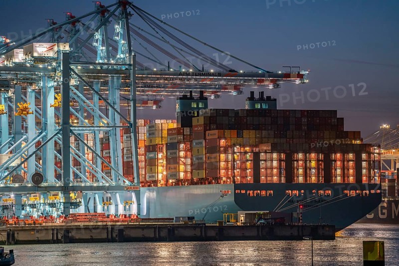 The seaport of Rotterdam, Netherlands, deep-sea harbour Maasvlakte 2, on a man-made land area off the original coast, APM Container Terminal, the MAASTRICHT MAERSK container ship being loaded/unloaded, Rotterdam, Netherlands