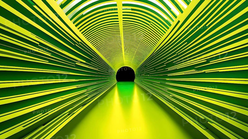 Abstract geometric pattern tunnel structure embodying data streams and communication in yellow hues, AI generated