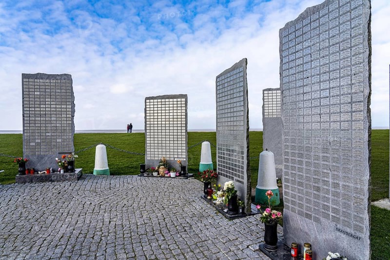 Memorial Sea View, steles at the harbour of Norddeich, with the names of deceased persons buried here off the coast, at sea, burial at sea, Lower Saxony, Germany, Europe