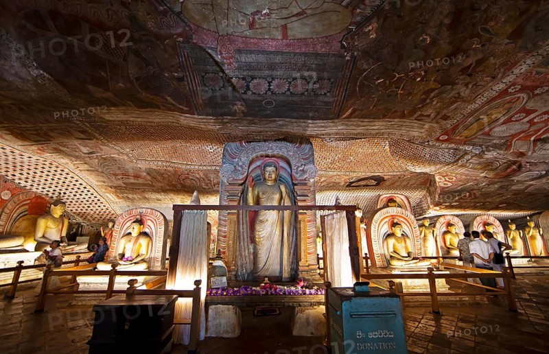 Buddha statues and ceiling fresco in the Dambulla cave temple, Dambulla, Central Province, Sri Lanka, Asia
