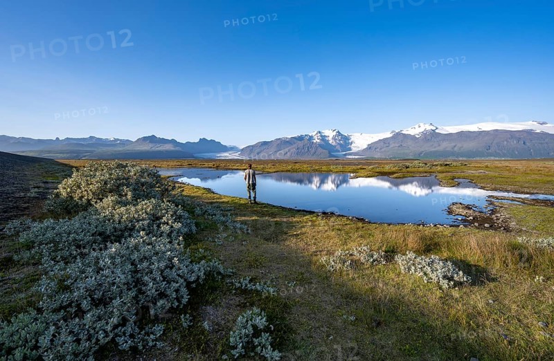 Tourist standing at the lakeshore, reflection in a lake, view of glacier tongues Skaftafellsjökull and Svínafellskökull, glaciated mountain peak Hrútfjallstindar and mountain Kristínartindar, Vatnajökull National Park, Austurland, Iceland, Europe